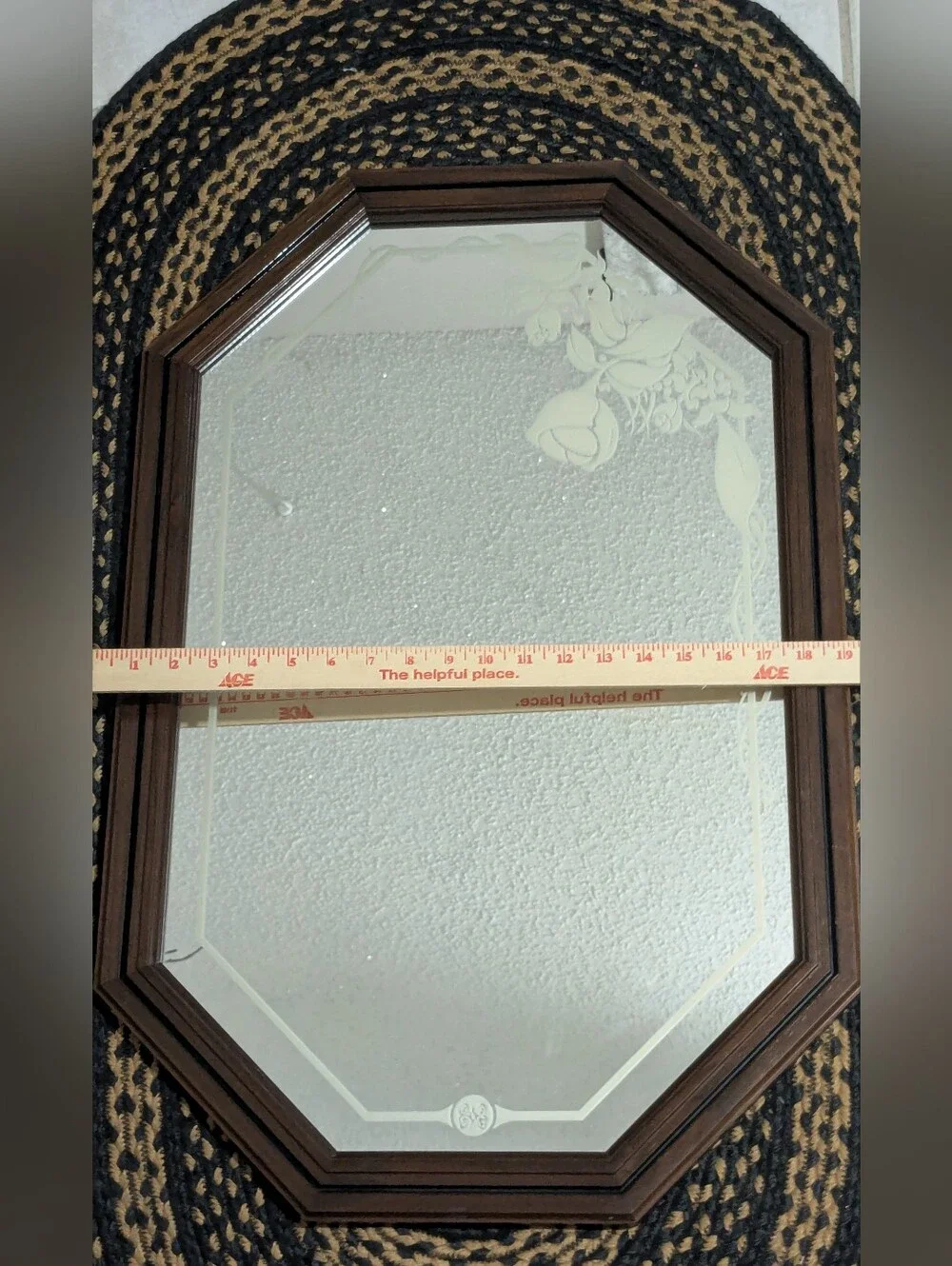 Vintage Octagonal Wall Mirror in Dark Brown with Etched Floral Design